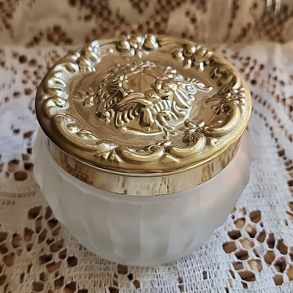 Vintage Frosted Jar With Decorative Gold Tone Lid